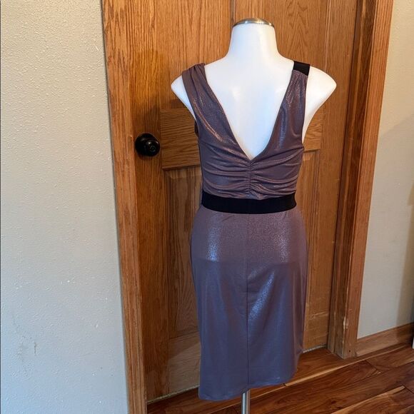 EXPRESS Mocha Shimmer Asymmetrical Hem Mini Dress - Picture 6 of 10